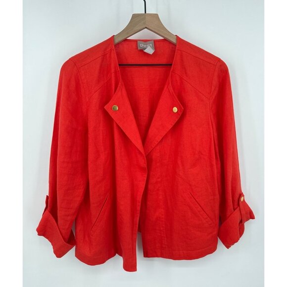 Chicos 100% Linen Open Front Blazer Women Medium (1)  Orange Long Cuffed Sleeve - Picture 1 of 7